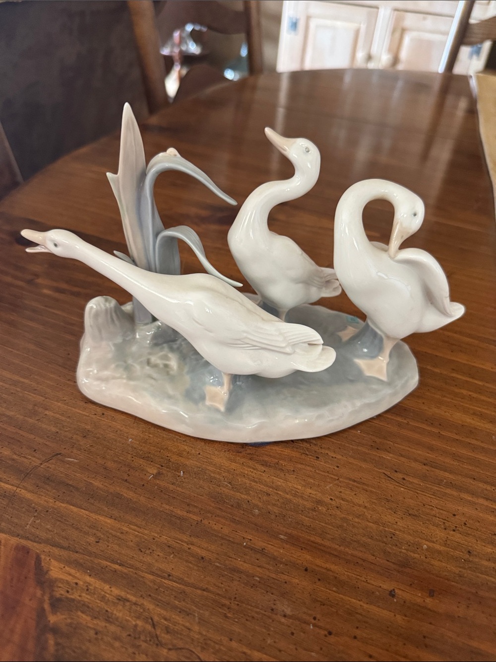 Lladro White and Pale Blue Porcelain Swan Trio Sculpture